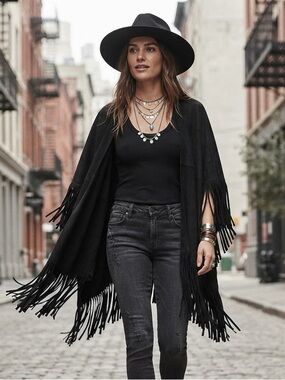 NYGARD Black Faux Suede Fringe Wrap Shawl OS